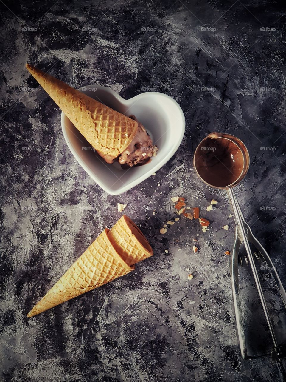 chocolate ice cream flatlay