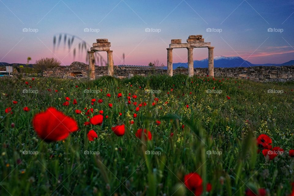 Pamukkale ruins at sunset