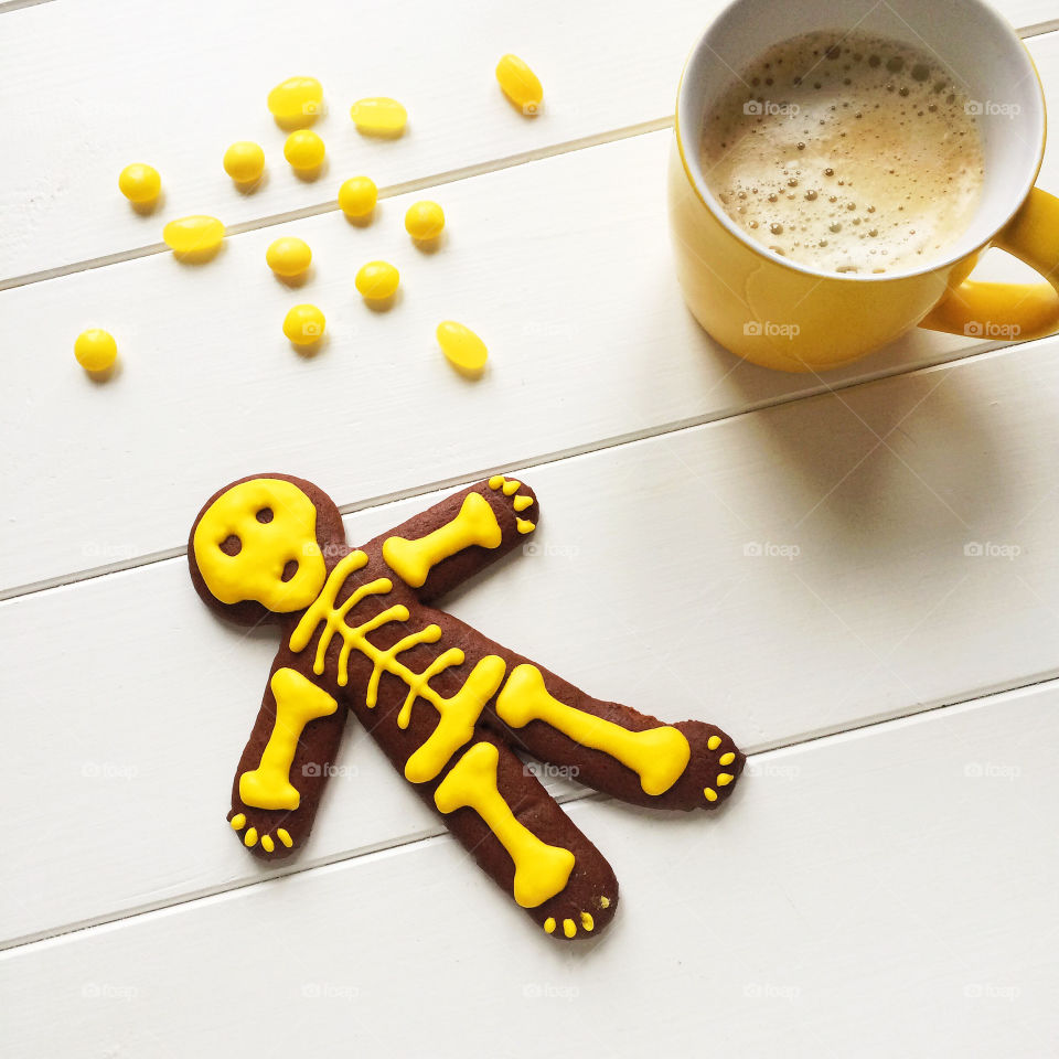 High angle view of medicine and coffee