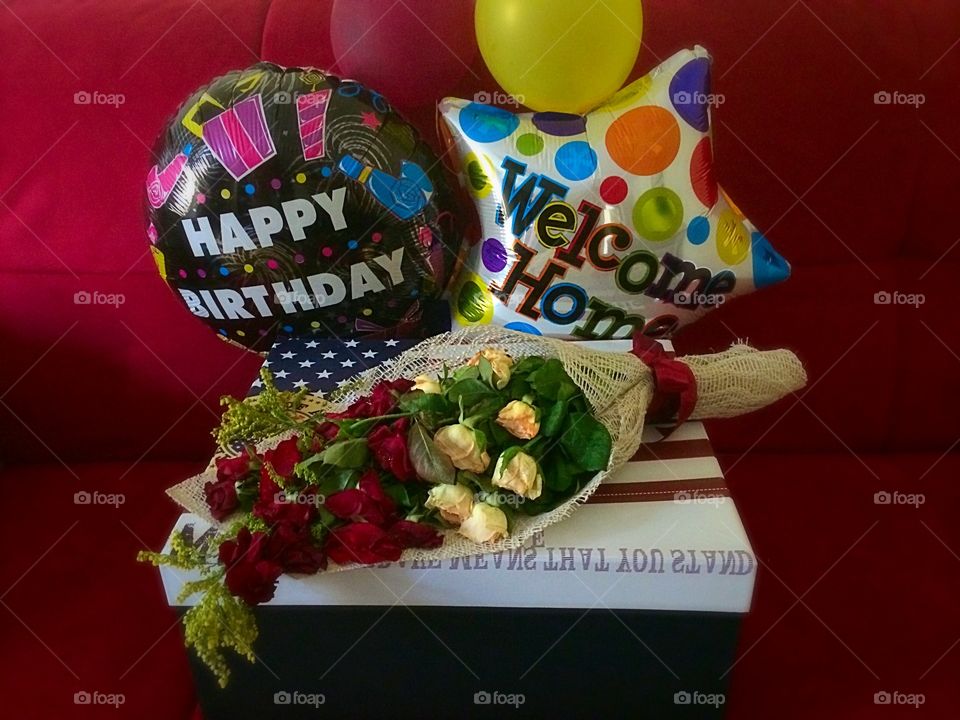 Birthday & Back Home Surprise Ballons. Welcome home and Birthday Ballon and gifts