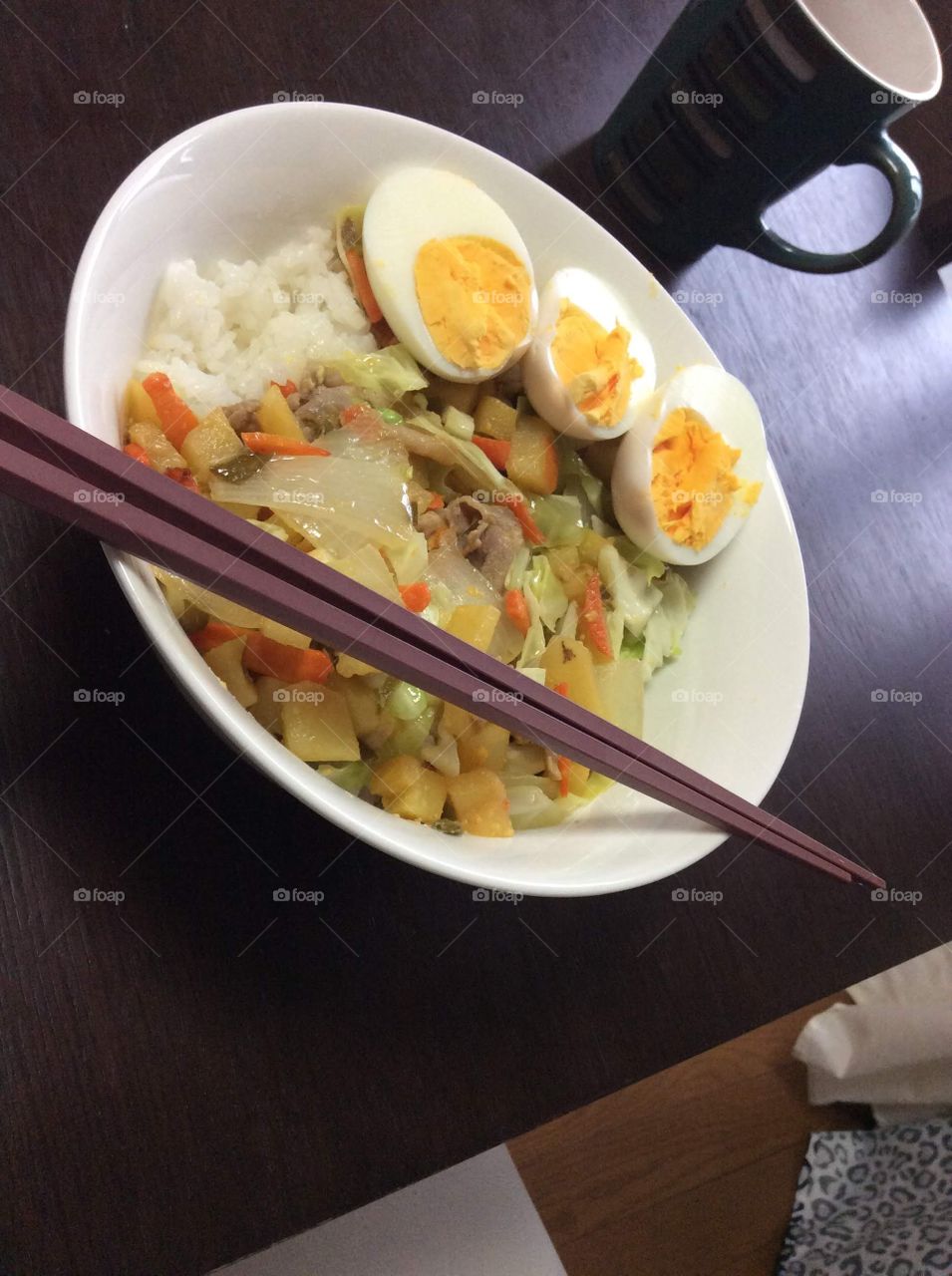 Quick stir fry with boiled eggs on a stormy afternoon. 