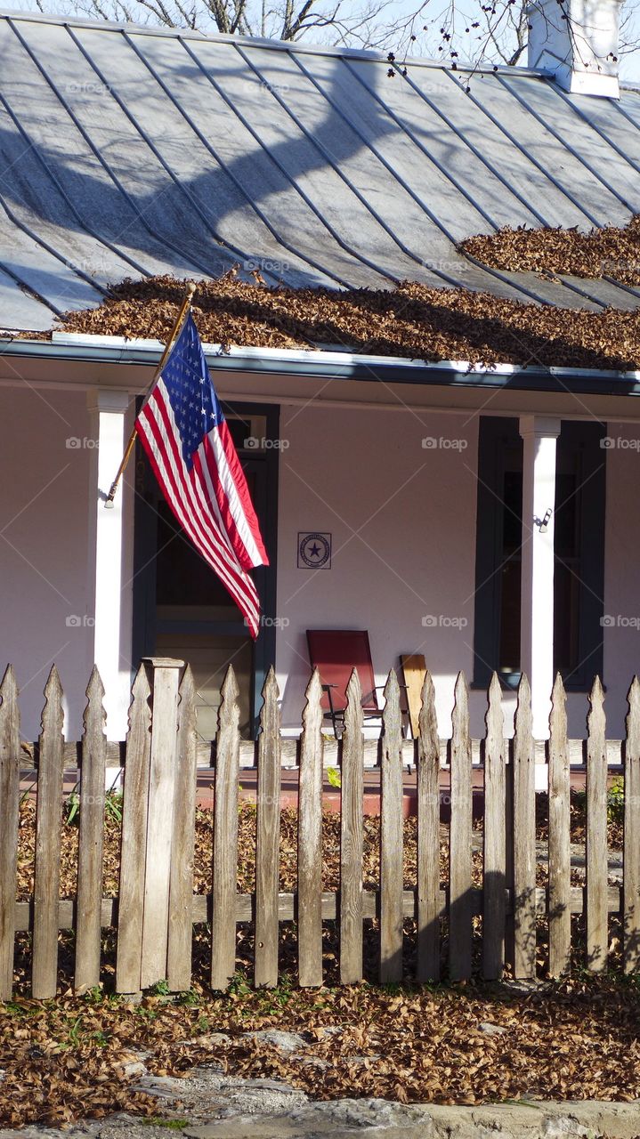 American flag waving in a rural country home