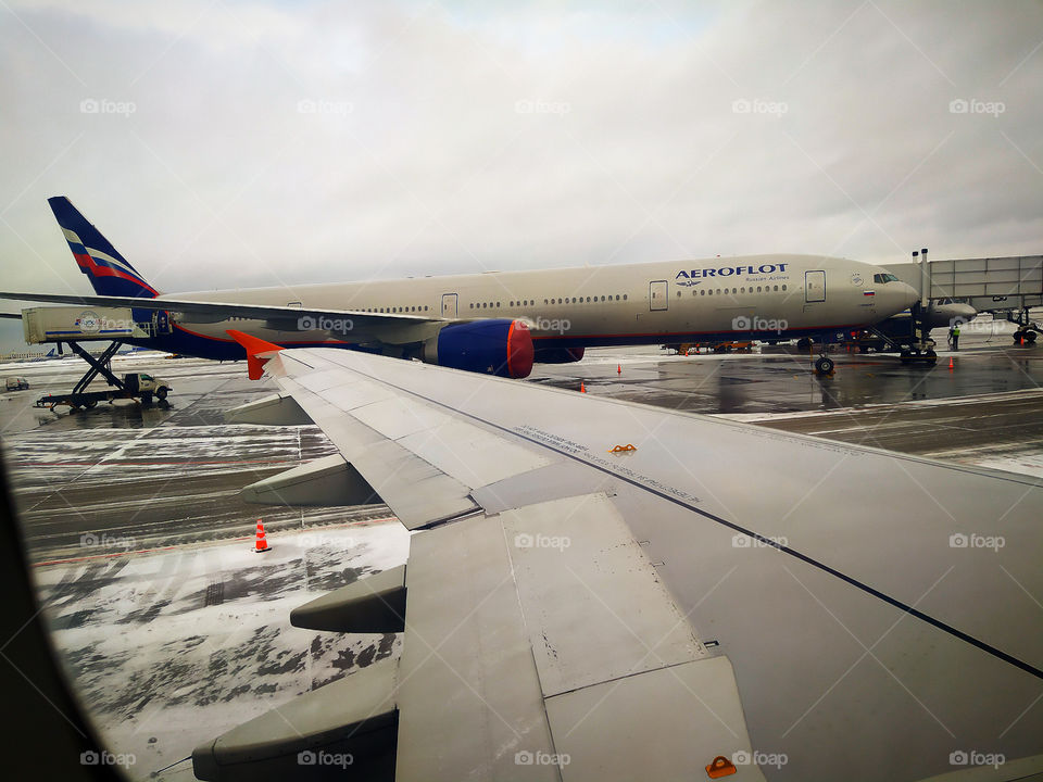 View from the airplane window.  Airplane.  Moscow airport