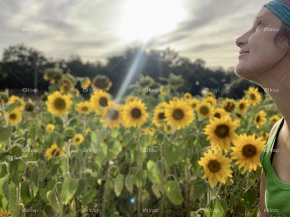 A woman looks up at the sky as sunlight breaks through the clouds over a field of sunflowers