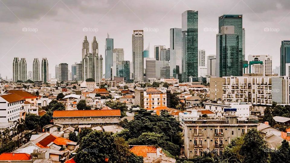 Portrait of the contrast between the residential area and the tall buildings in the background. The housing with red roofs looks old and traditional, while the skyscrapers behind it are modern