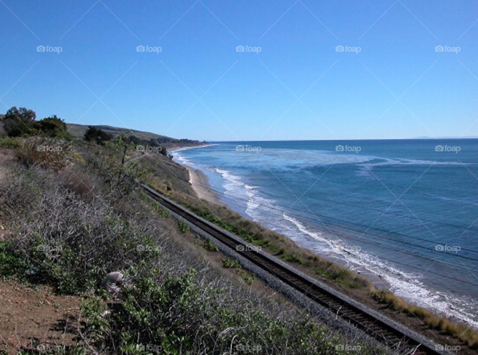 Shoreline with railroad tracks along side