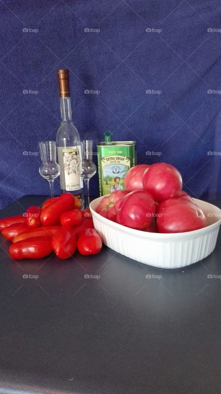 home grown tomatoes and grappa