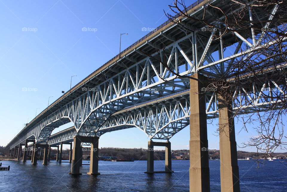Gold Star Bridge in Southeastern Connecticut towering majestically over the Thames River, spring [original photo].