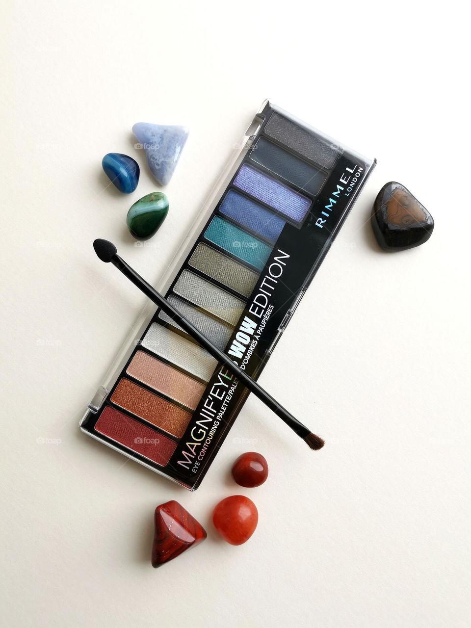 Rimmel decorative cosmetics. Magnifeye wow edition. Eye shadow. Flatlay.