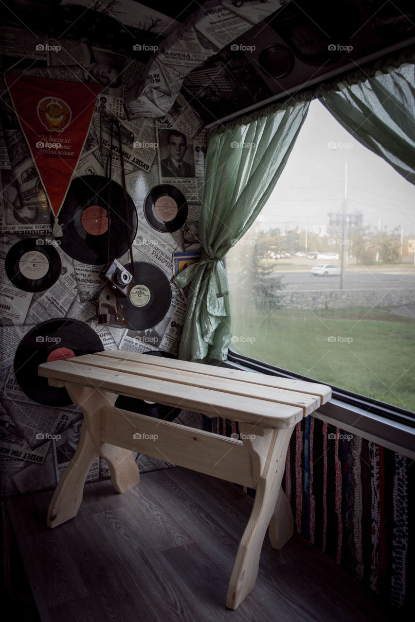 Old vinyls and newspapers on the wall