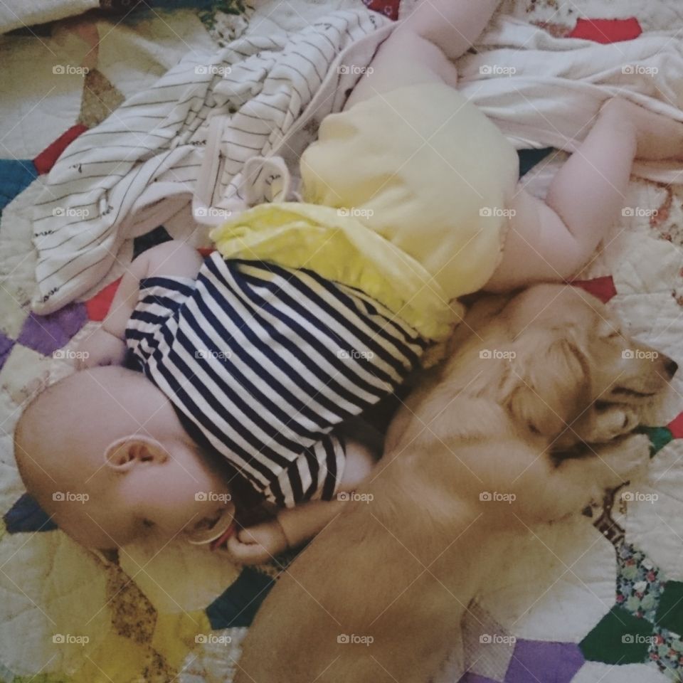 Baby child with dog sleeping on bed