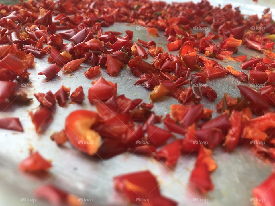 Are these a handful of red bell peppers waiting to dry up or a school of free red fishes swimming in silver waters? Where is the borderline between reality and fantasy, between despair and hope?