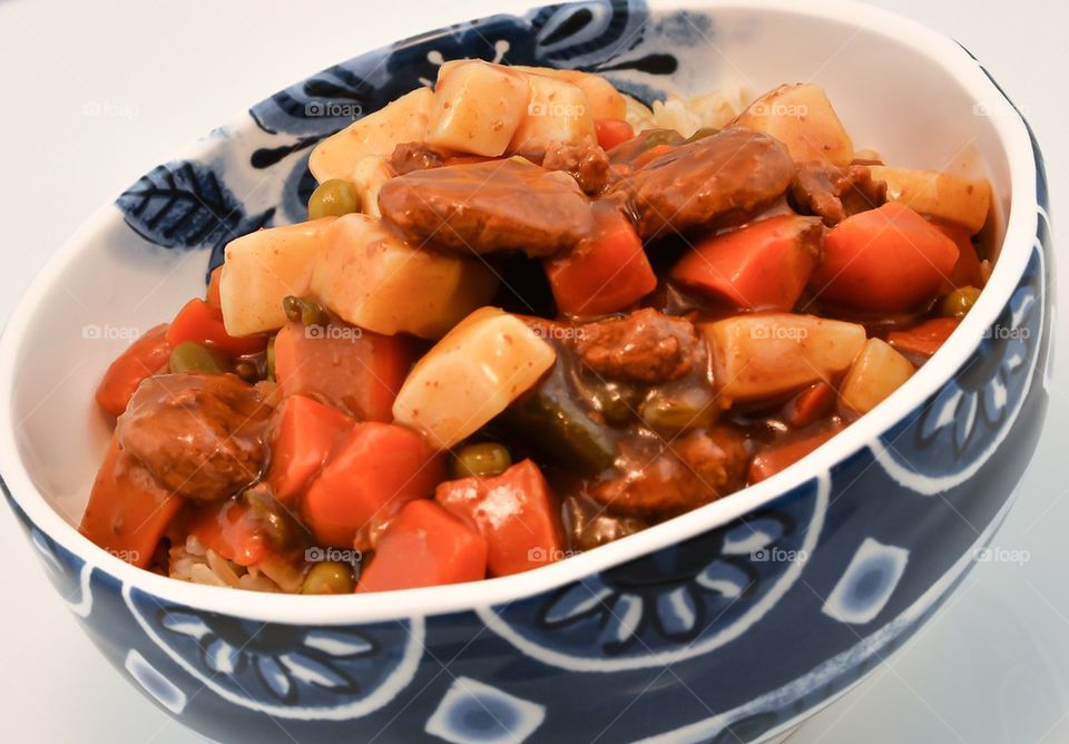 Bowl of beef and vegetable soup 