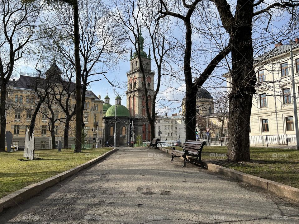 Lviv old city architecture in the spring season