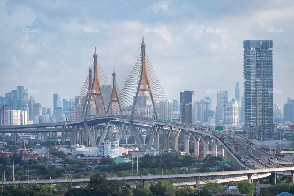 Thailand-May 02 2020:Traffic conditions on the Bhumibol Bridge during the time that Bangkok announced the request for cooperation from the people to stay home