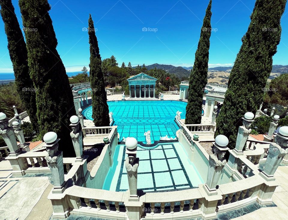 The most famous pool and grotto of Hearst Castle in San Simeon, CA. The home of print giant, and at one time, the wealthiest man in the world Mr Walliam Randolph Hearst. The pool is decked to the brim in marble in gaudy 1920’s style.
