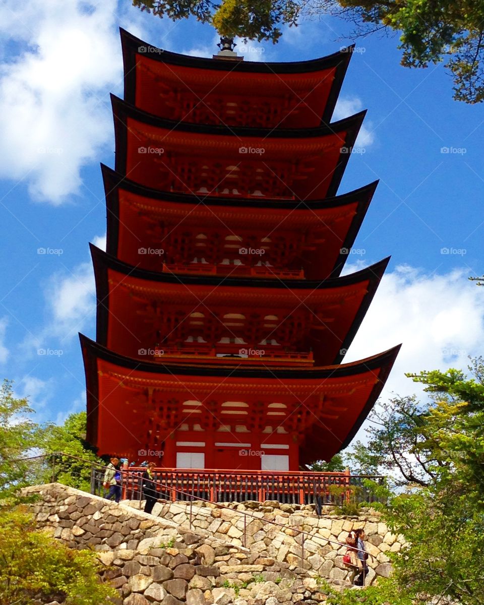 Foapfeb2018.   Clash of color.  Pagoda @ Itsukushima, Miyajima Japan.   I could stare up at this all day long