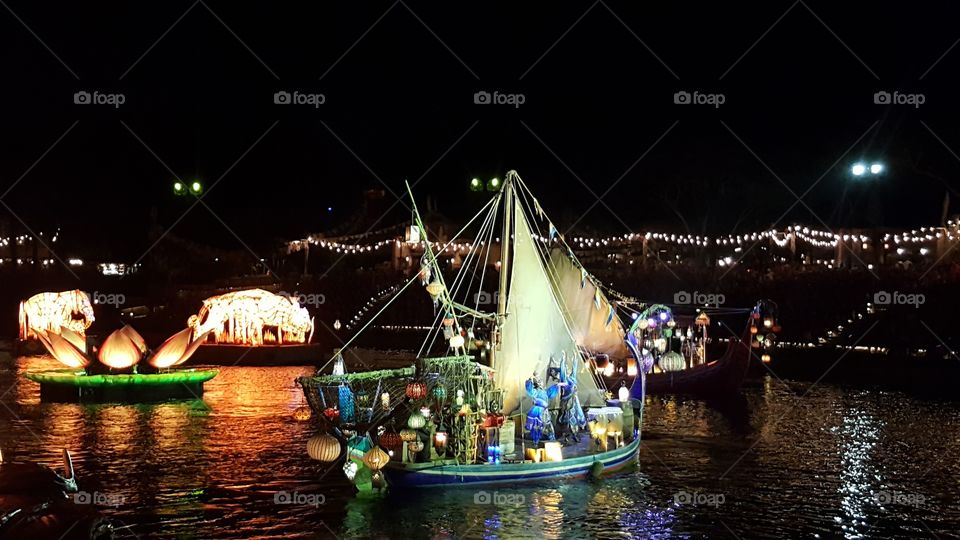 Illuminated ships make their way through the waters of Discovery River during Rivers of Light at Animal Kingdom at the Walt Disney World Resort in Orlando, Florida.