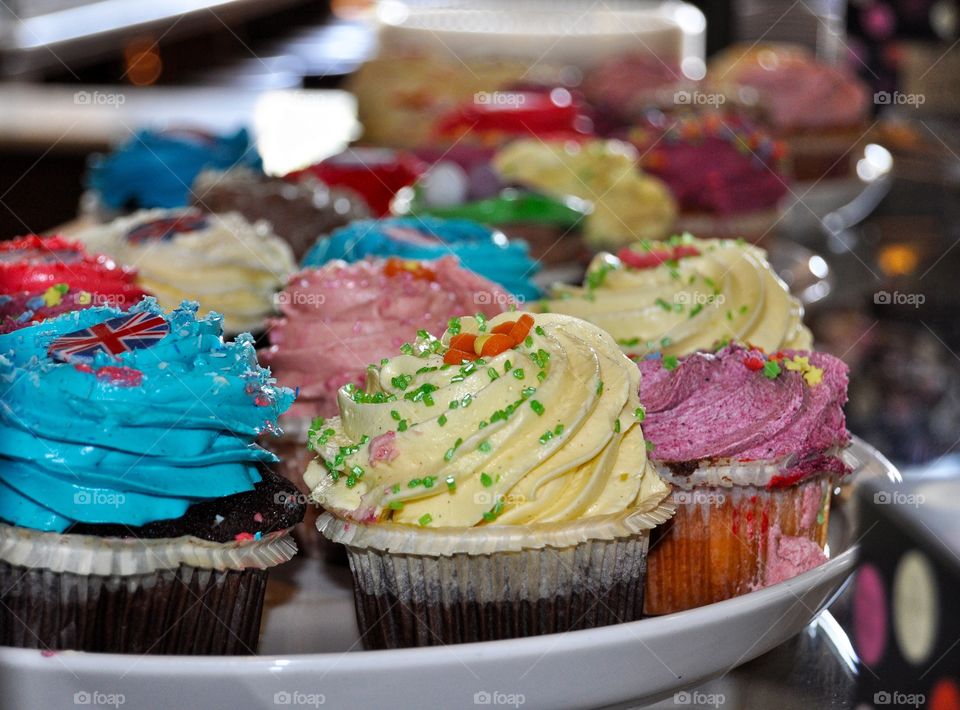 bright colorful cupcakes in British museum cafe in London