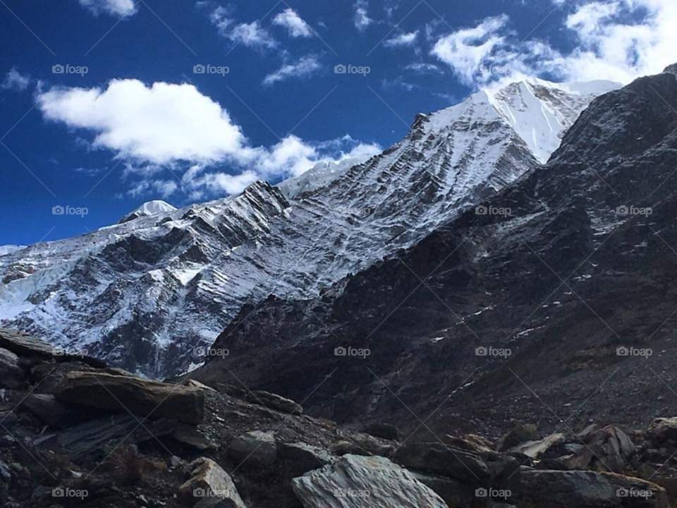 Spotting the side of Dhaulagiri 1 while trekking through the glacier. Taken on the Dhaulagiri Circuit Trek in Nepal.