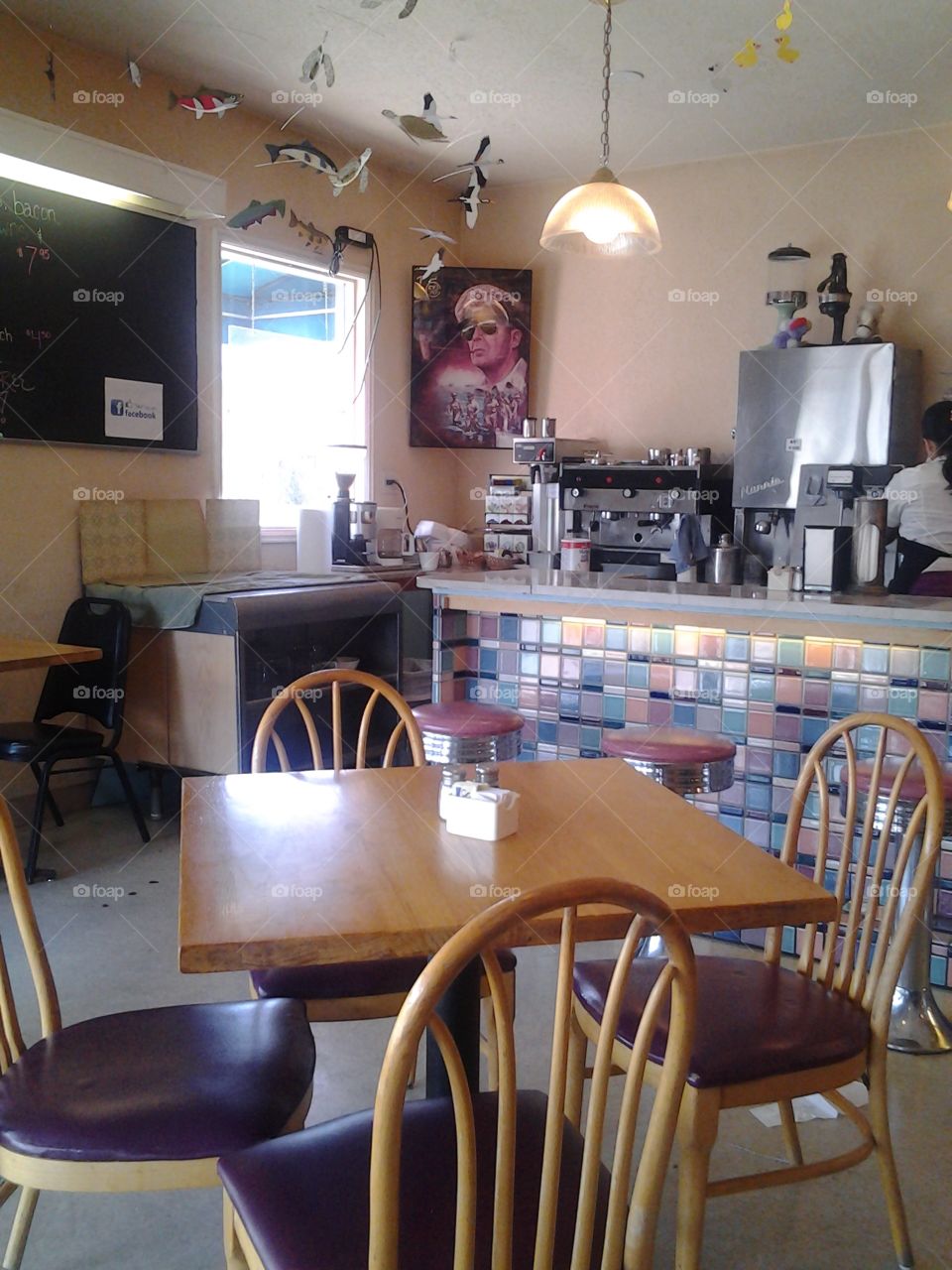 1950s Style Soda Shop and Diner, Albuquerque, New Mexico. Pastel Tiled Counter and Stools, Tables