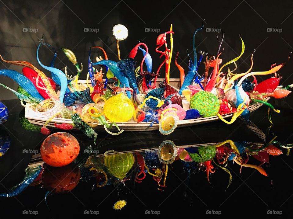Gorgeous displays of Chihuly Glass with black backgrounds make the colors in the glass really stand out! 
