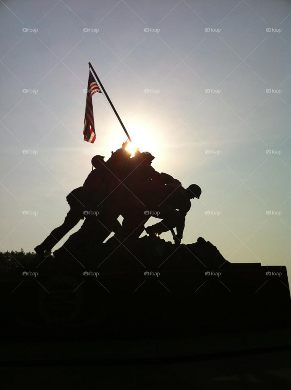 Iwo Jima memorial at sunset in silhouette in Washington, D.C.