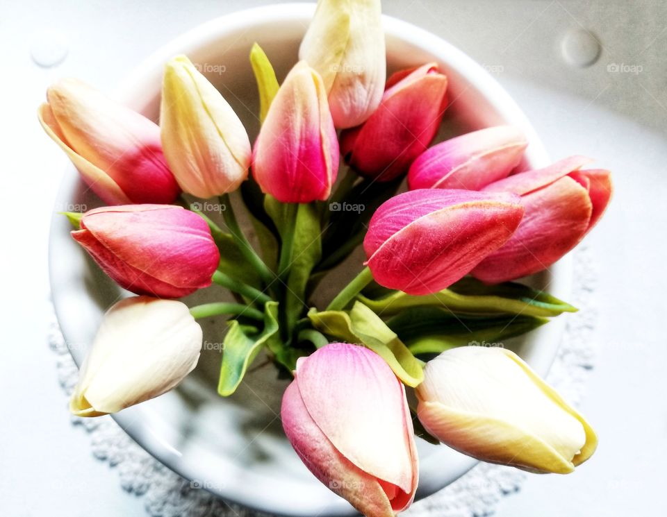 Bouquet of colorful tulips from above