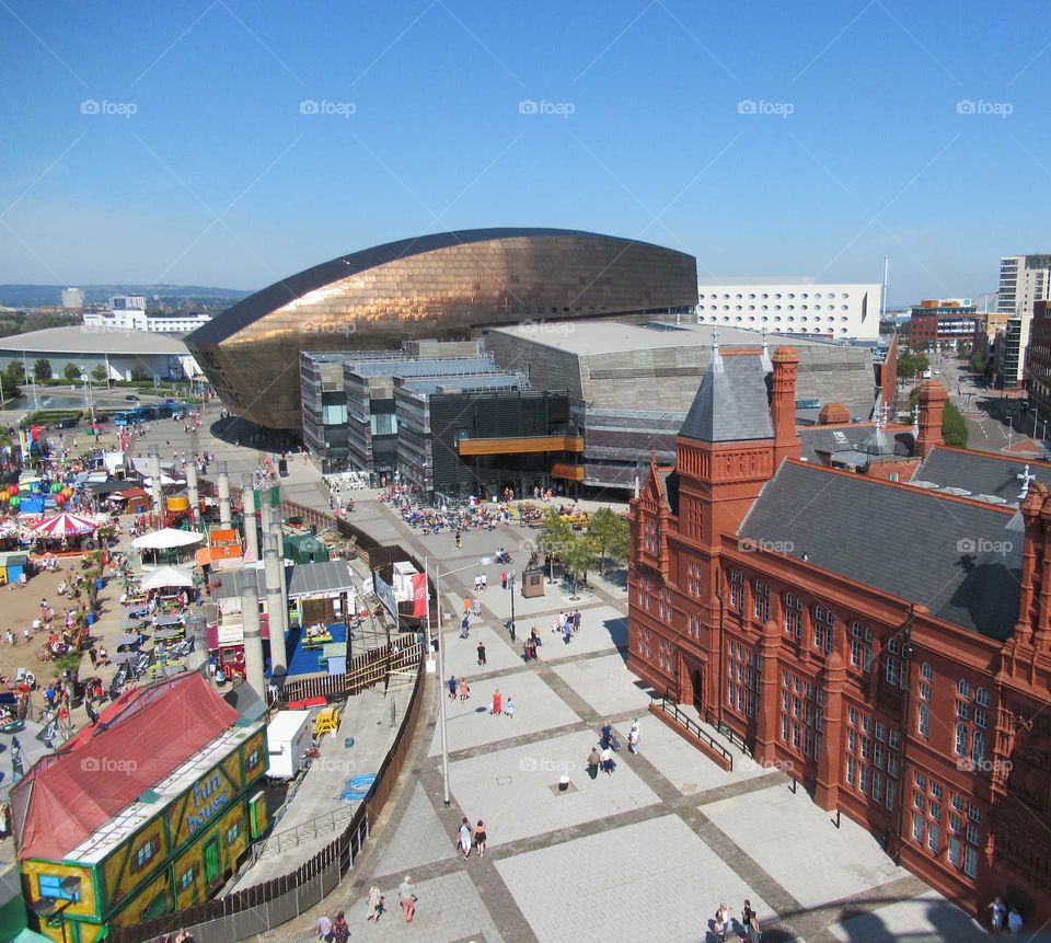 View taken from Ferris wheel. pierhead building to the right of photo and in the distance millennium centre with bronze roof shimmering in the summer sun