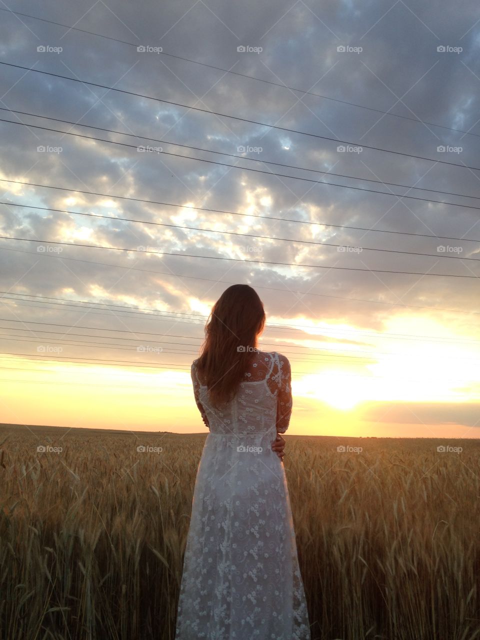 Woman looking sunset in the fields