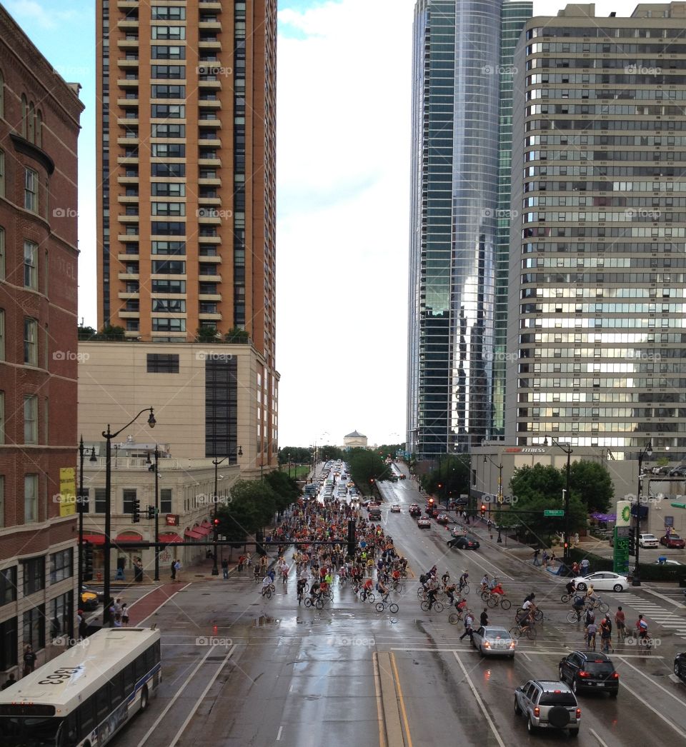 Bikers. A group of bicyclists take over downtown Chicago
