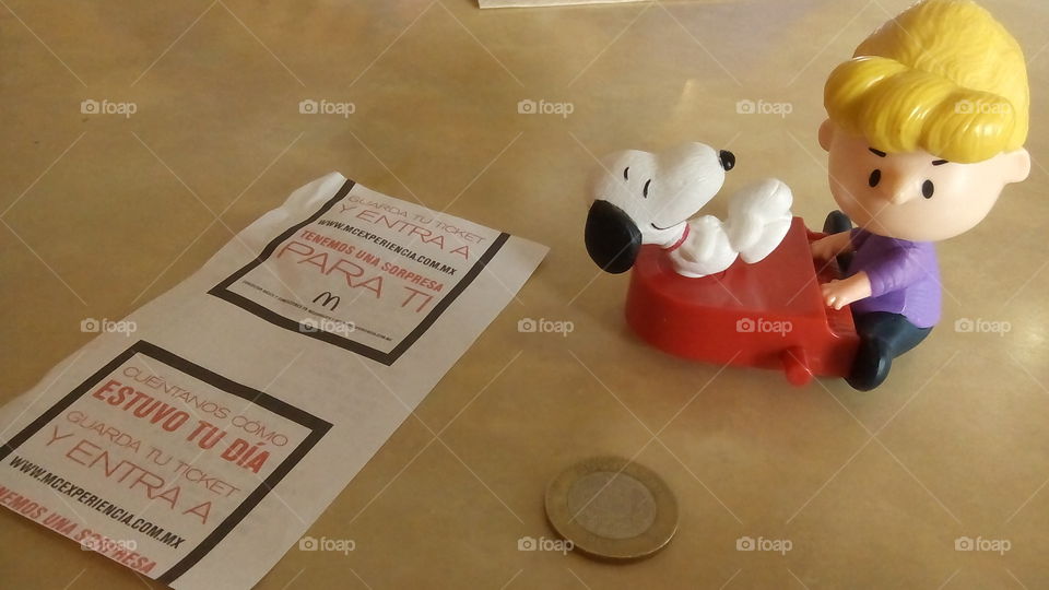 McDonald's , Charlie Brown, ticket and coin.