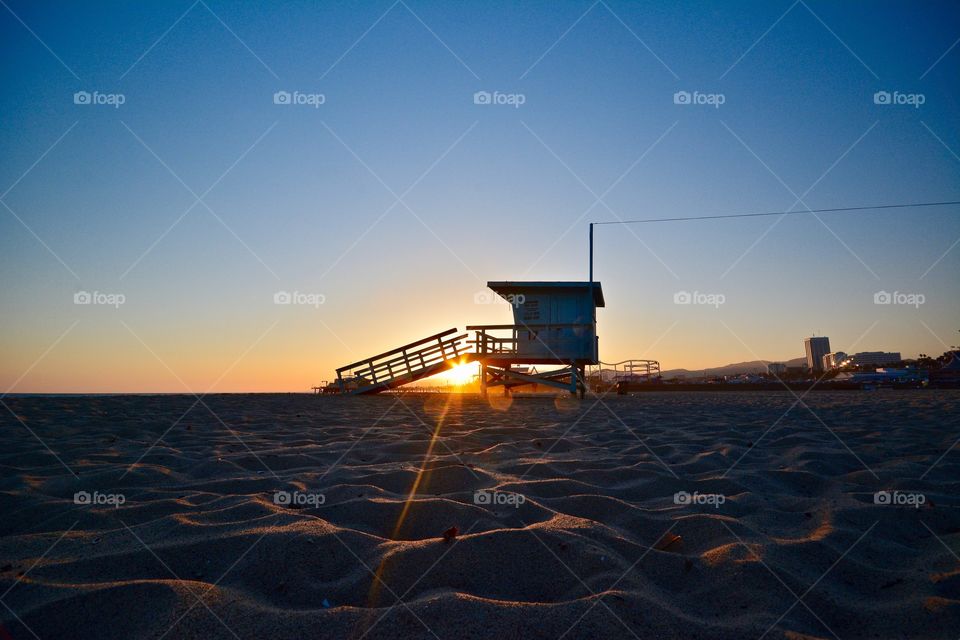 View of Santa Monica beach at sunset