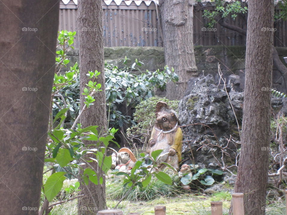 Asakusa Kannon, Tokyo, Japan. Sensoji Buddhist Temple and Gardens.  Tanuki Raccoon Dog Statue among Trees