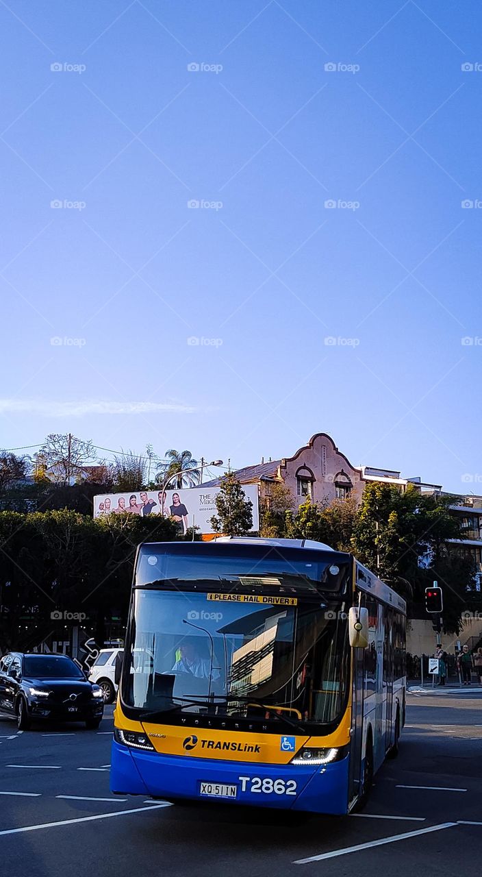Blue and yellow Brisbane city Translink bus turning at intersection