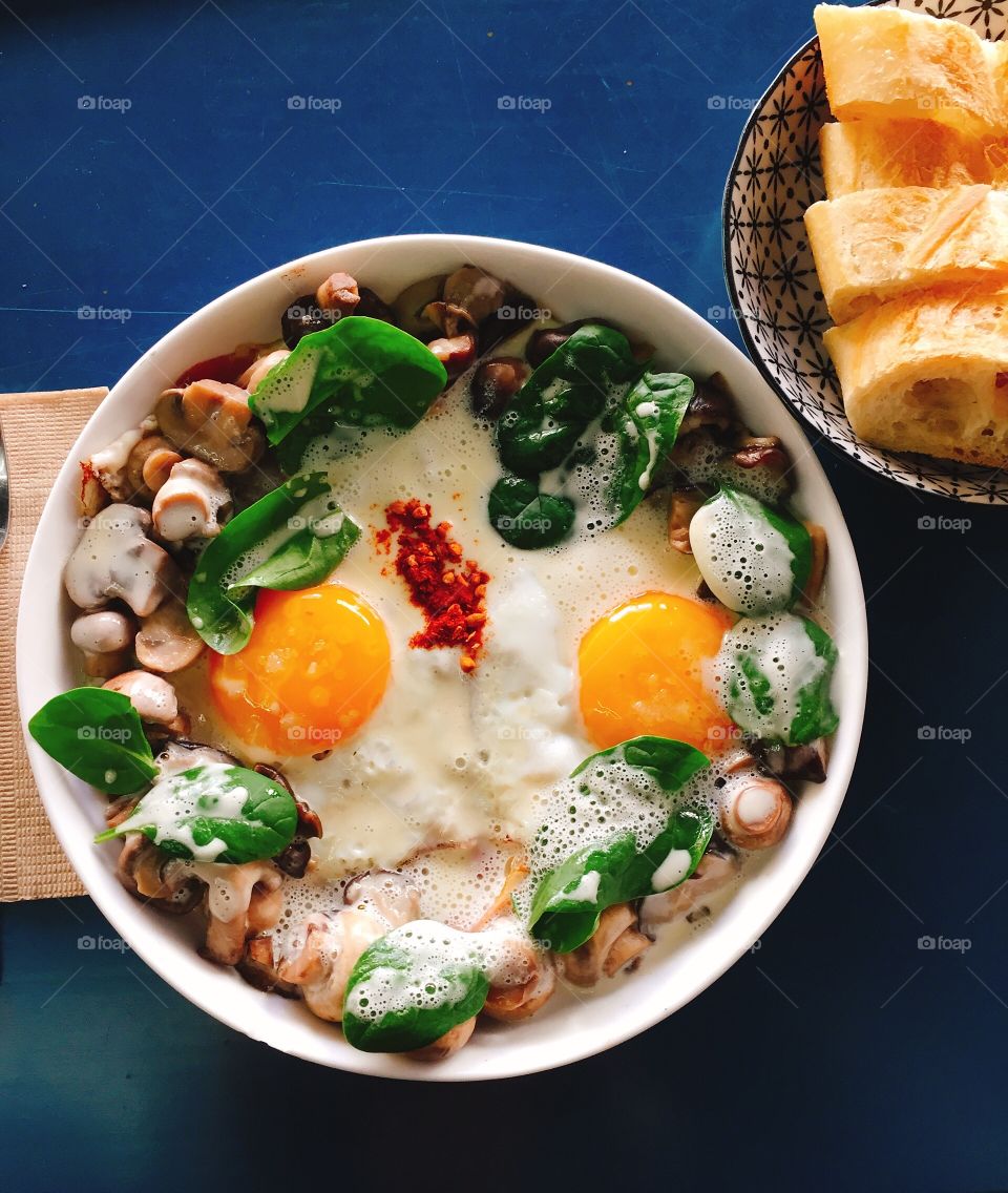 Eggs, braised mushrooms, and Manchego cheese