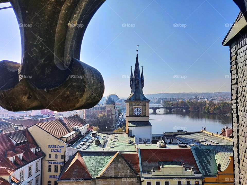 View from roof of tower to Prague and the river Vlatva