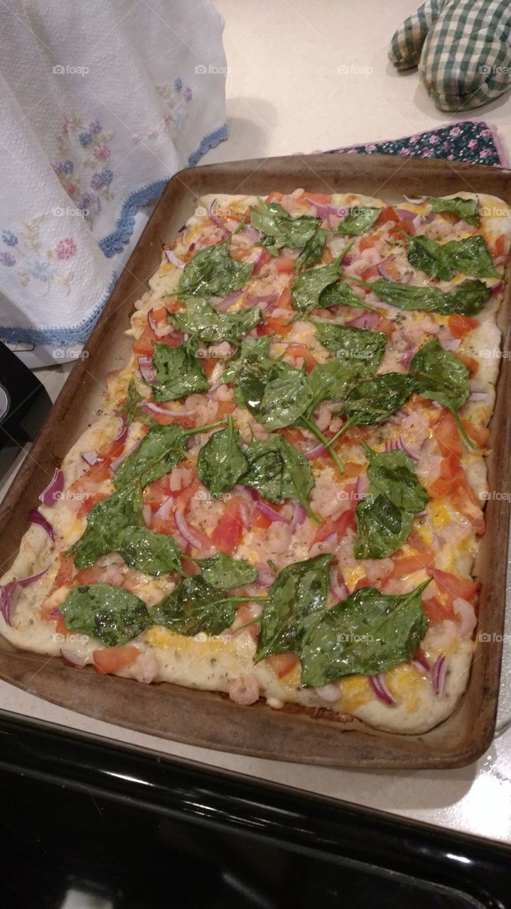 Homemade shrimp and veggie pizza