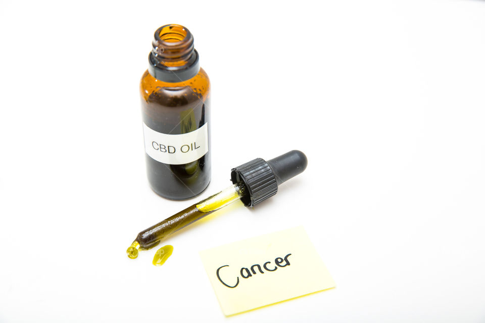 Product cbd oil bottle with dropper and oil on pure white background. Cancer word on handwritten note