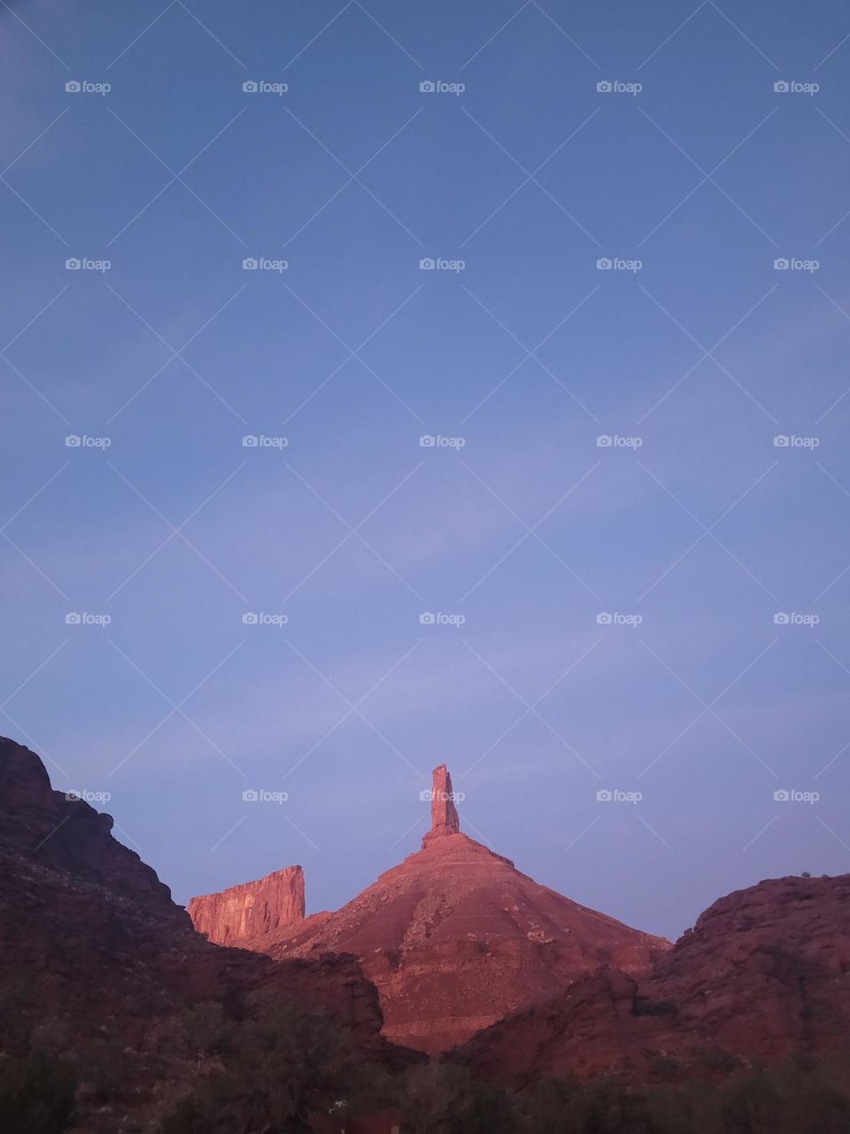 Castleton tower in Moab during blue hour on a clear day