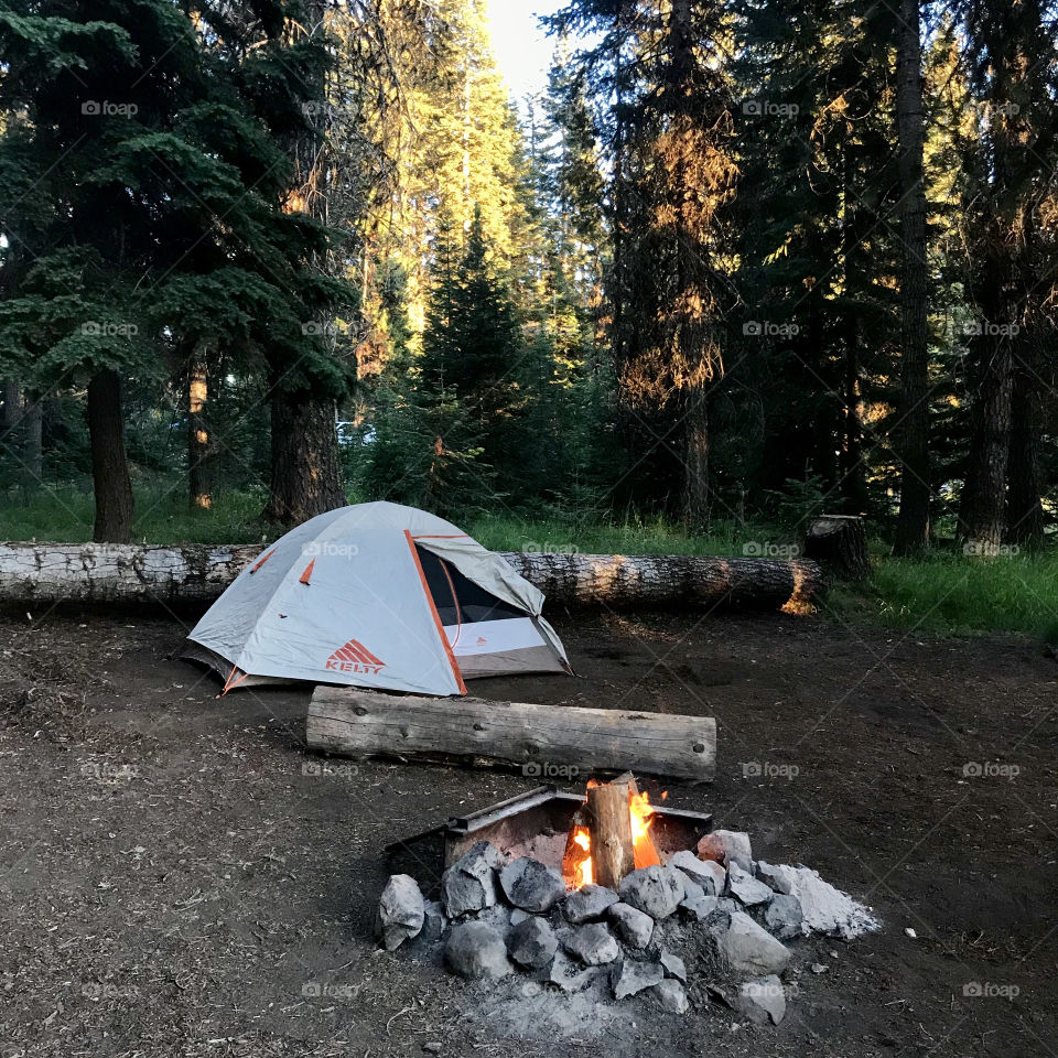 Tent Camping with campfire