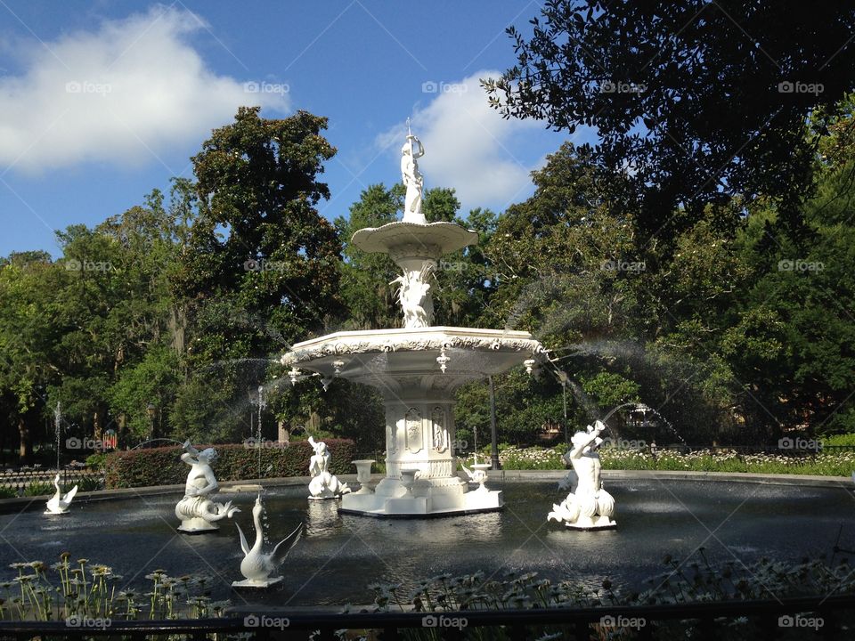 Fountain. 1850 historic iron antique white fountain park Forsyth Savannah south water 