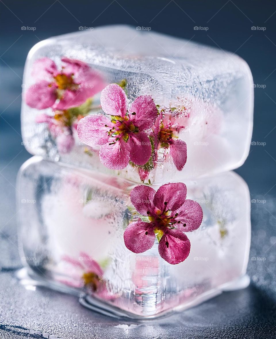 Ice Cubes with Frozen Pink Flowers