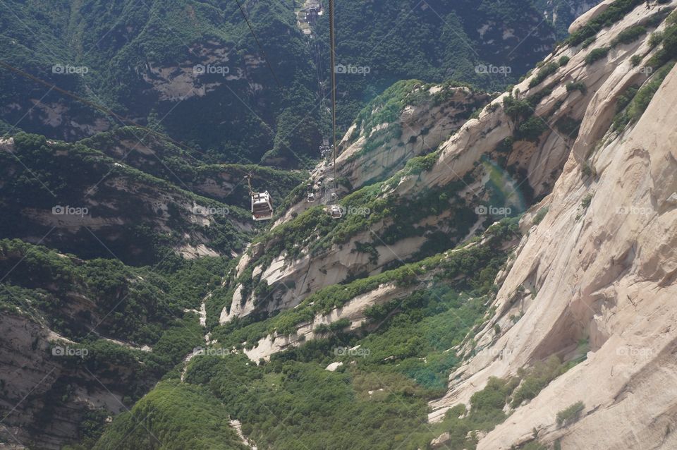 Cable car ride down Mt Huashan in China. 