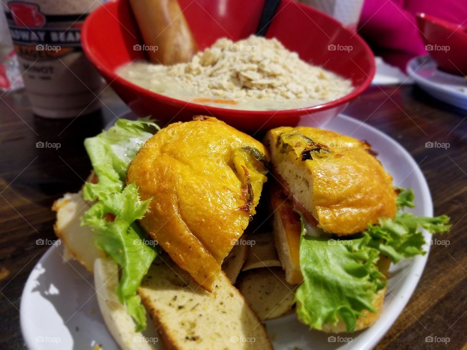 chicken bacon ranch bagel sandwich with soup