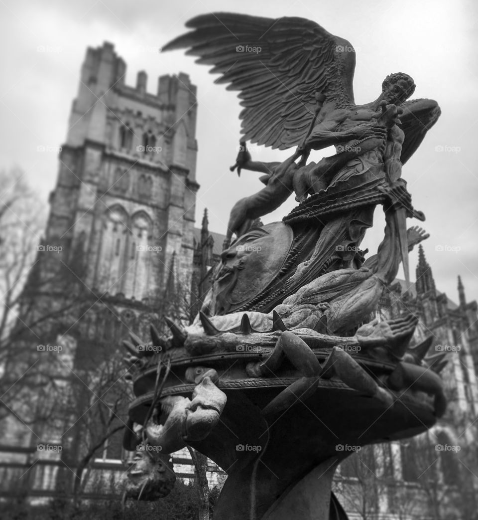 Sculpture Statue on the Cathedral of St. John the Divine Grounds in New York City in February 2018