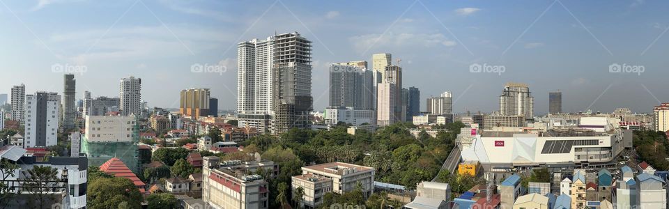 Panorama view of Phnom Penh - the city skyline with many new skyscrapers dotting the landscape 