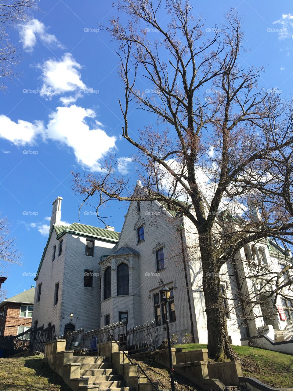 Fraternity house, Stevens Institute of Technology, Hoboken, NJ, with tree in foreground and bright blue sky 