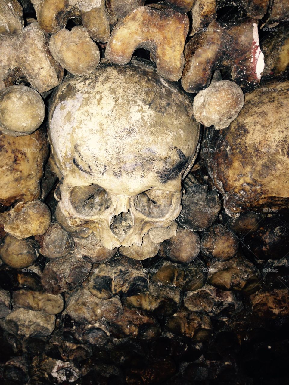 Catacombs skull. A skull in the Paris catacombs, creep Halloween image . 