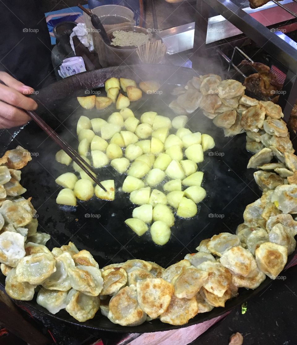 Fried Potatoes in Large Wok - Street Food in Shenzhen, China